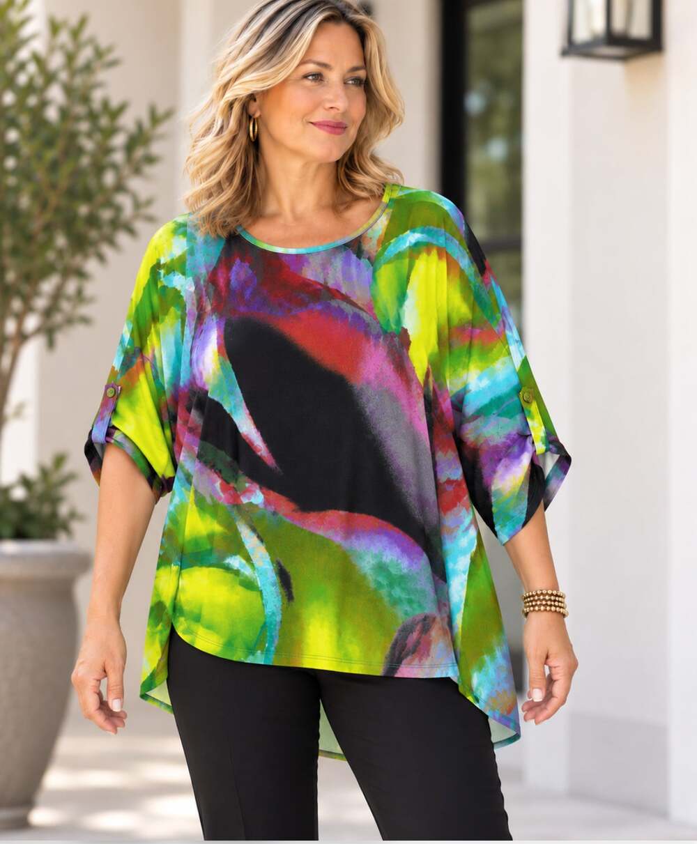 Clara Sun Woo 1X Abstract Art to Wear Tunic Top Dolman Sleeve Colorful Plus Size